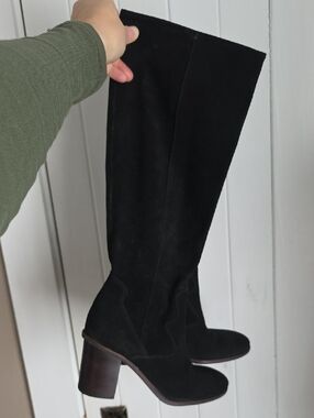 Classic Black Suede Knee-High Block Heel Boots